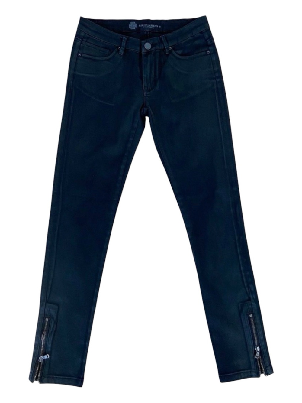 Monarda black coated jeans medium rise waist skinny zippers legs embellished  5
